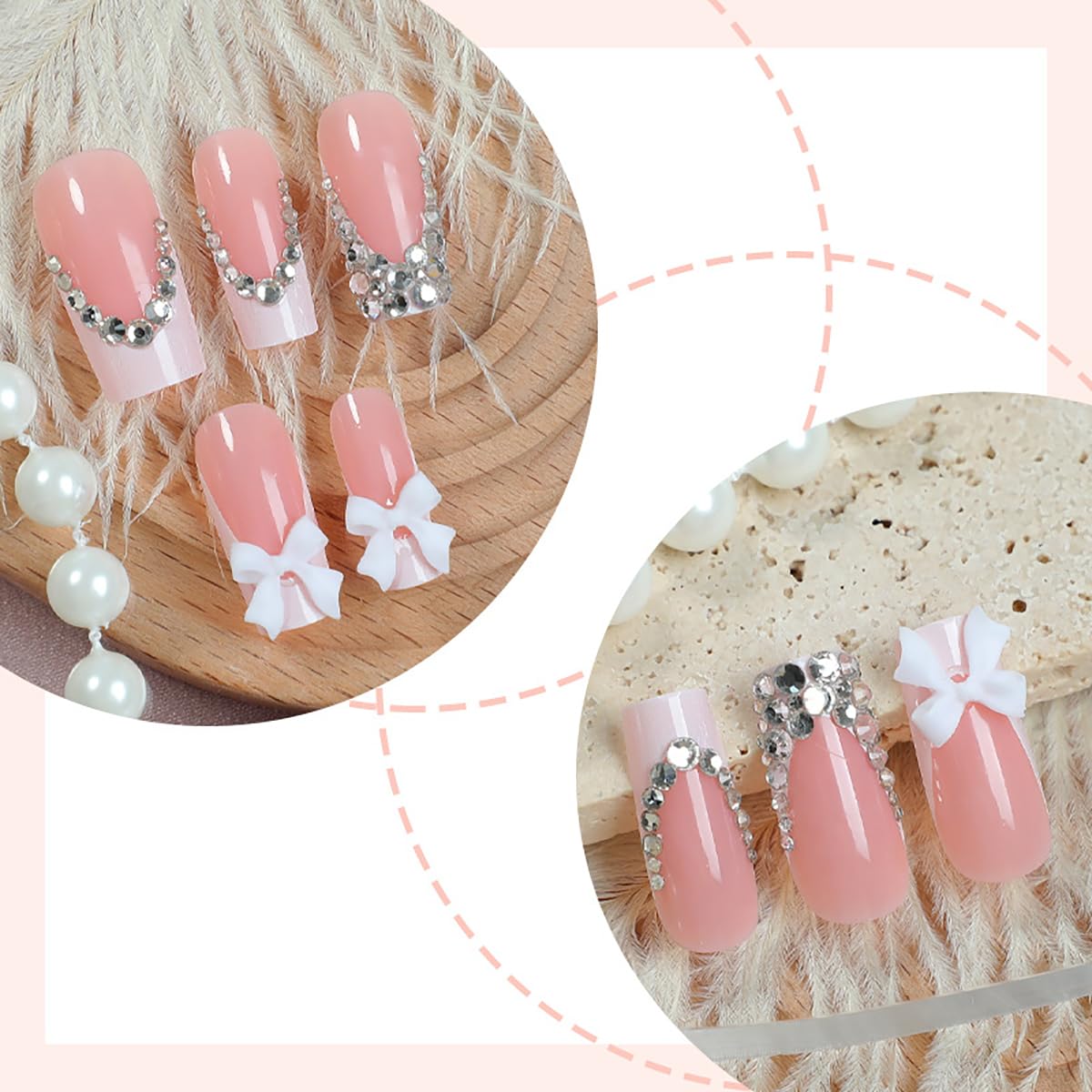 24 Pcs French Tip Press On Nails Long Coffin Almond Acrylic Full Cover Stick on Nails with Glitter Rhinestones Designs White Bow False Nails for Women Nail Art Decoration
