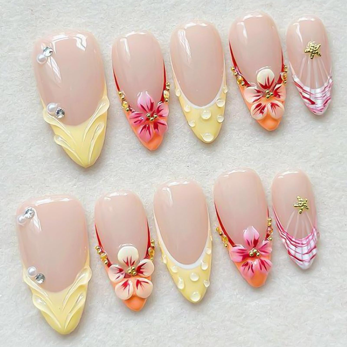 Press on Nails Medium Almond - 3D Gold Flower Vines with Rhinestone Fake Nails, Nude Pink Jelly Champagne Shimmer French Tip Bridal False Nails for Women, 30 Pcs