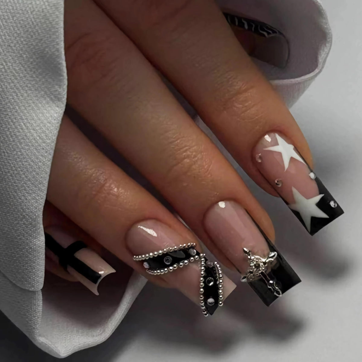 BABALAL Press on False Nails Long Square Fake Nails Black and Gold Chrome Gothic Glue on Cross Charm Luxury 3d Design French Tip Acrylic 24Pcs Y2k Handmade Custom Full Cover Gel Nails