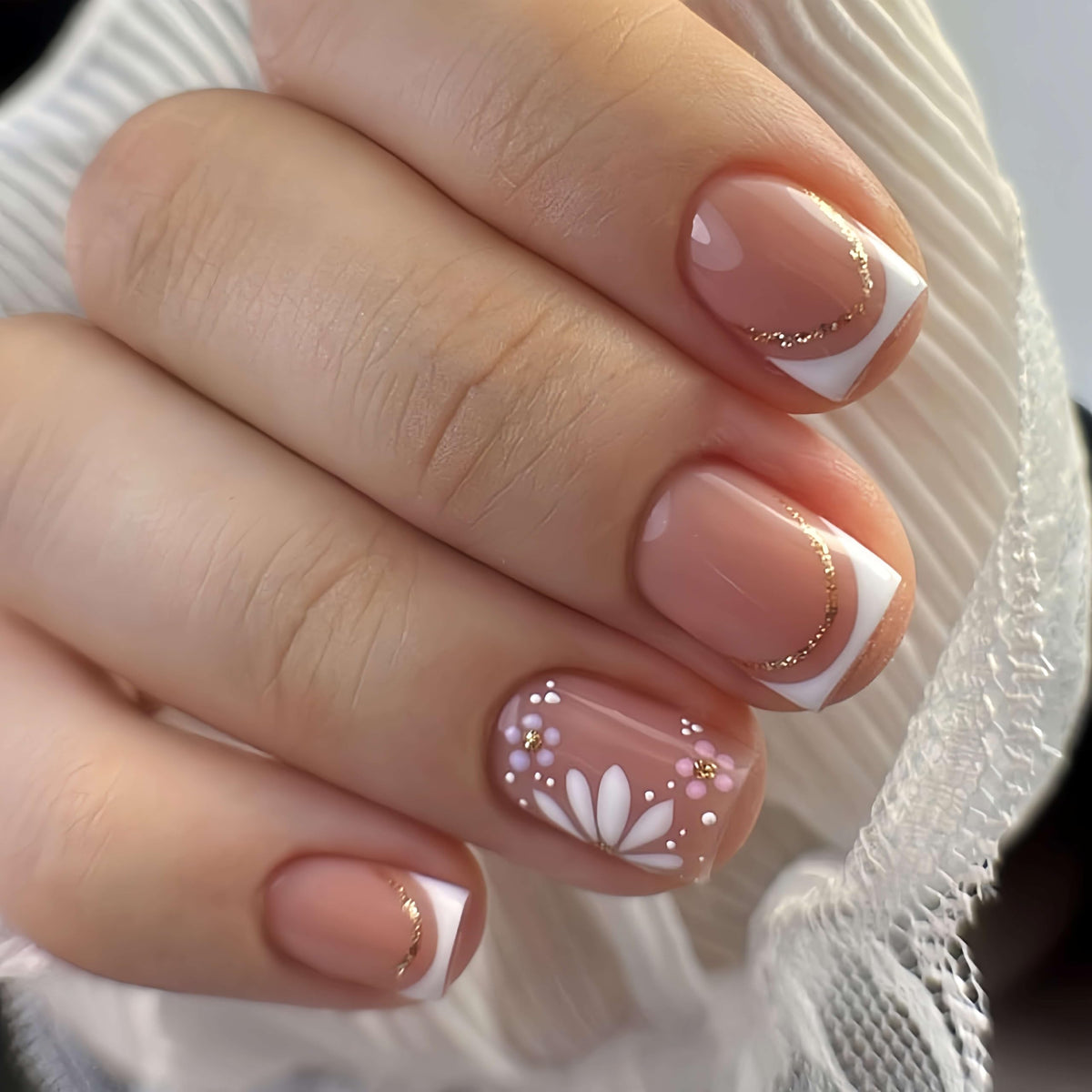 Medium Almond Press On Nails, Milky Nude Fake Nails with White French Tips, Gold Outline Design, Rhinestone and Pearl Accents, Glossy Reusable Glue On Nails for Women Wedding, 24PCS