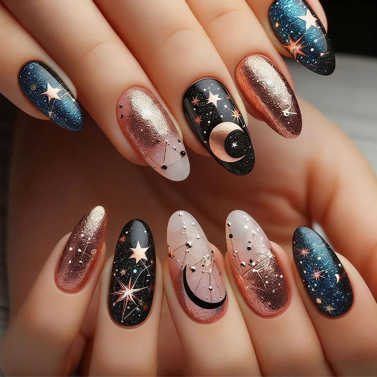 Summer Press on Nails Almond Pink Floral Shell Pearl Gold Dot Fake Women