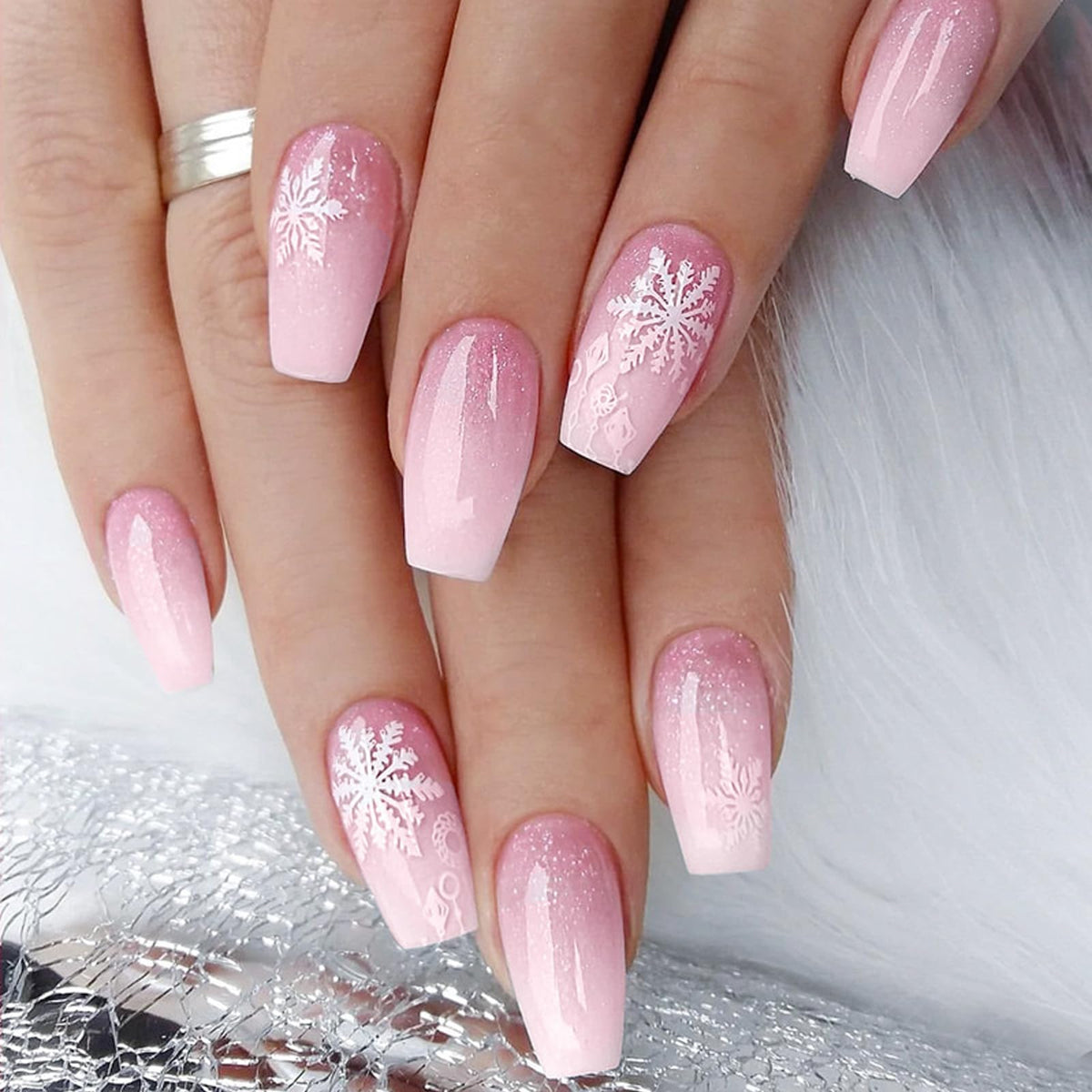 IMSOHOT Long Press on Nails Coffin Glitter Fake Nails Shiny Pink Rhinestone Full Cover False Nails Luxury Ballerina Artificial Acrylic Glue on Nails for Women 24Pcs