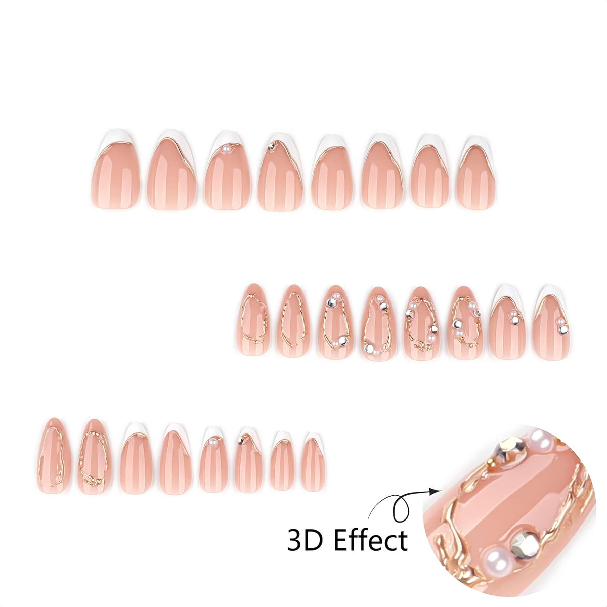 Medium Almond Press On Nails, Milky Nude Fake Nails with White French Tips, Gold Outline Design, Rhinestone and Pearl Accents, Glossy Reusable Glue On Nails for Women Wedding, 24PCS