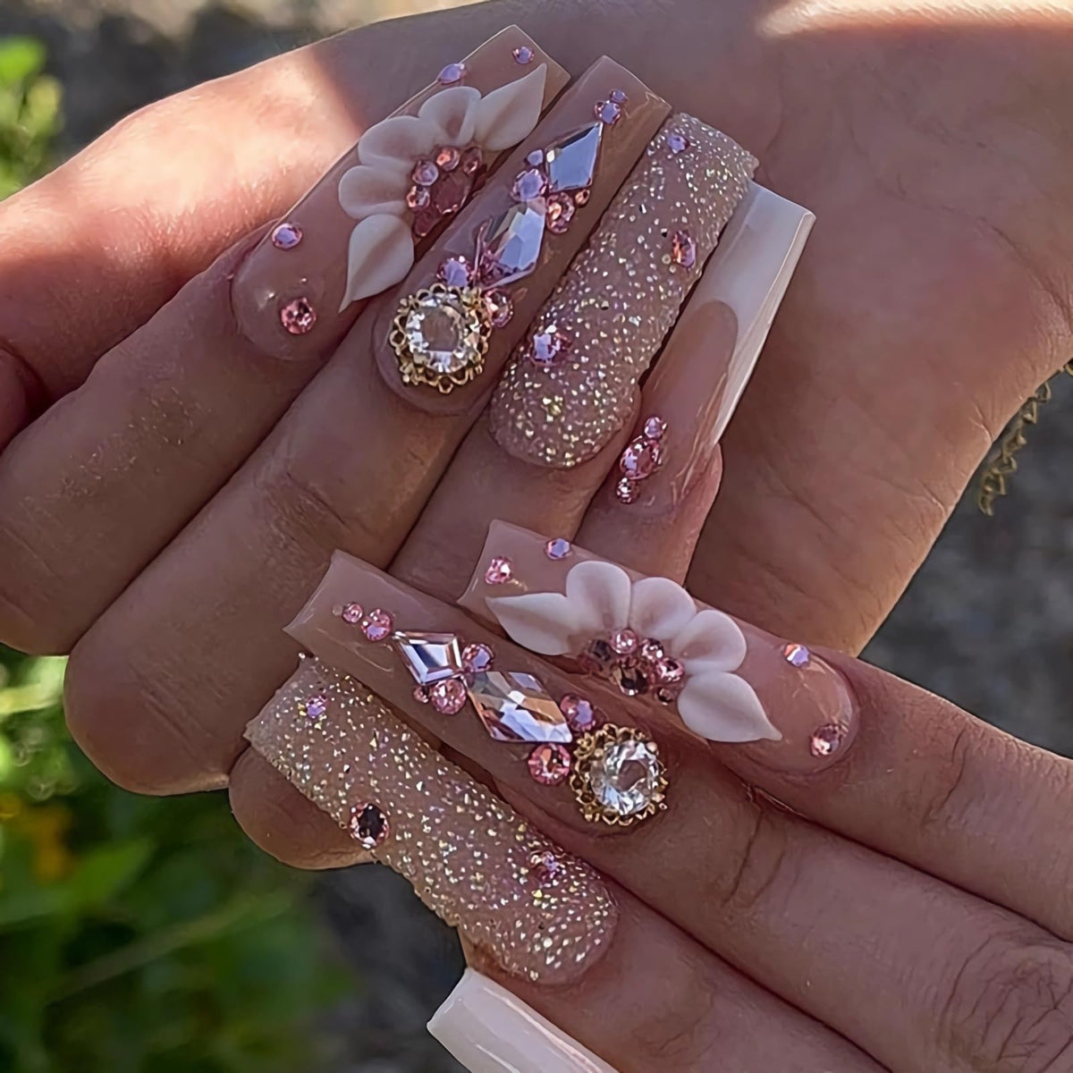BABALAL Press on Nails, Extra Long Square Fake Nails, Gold Chrome French Tip, Luxury Rhinestone & Star Charm Design, Bling Shiny Reusable Glue on Nails 24Pcs