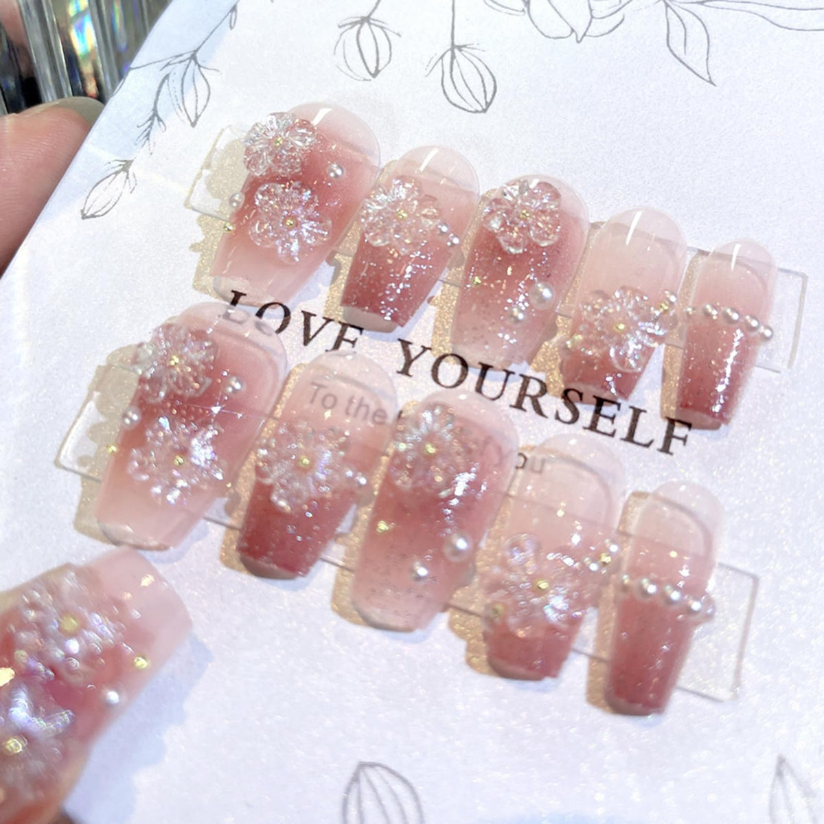 SINHOT Luxury Press on Nails - Long Coffin Fake Nails 3D Handmade Cute Pink Reusable False Nails with Rhinestone Designs,DIY Artificial Nail Art, 24pcs