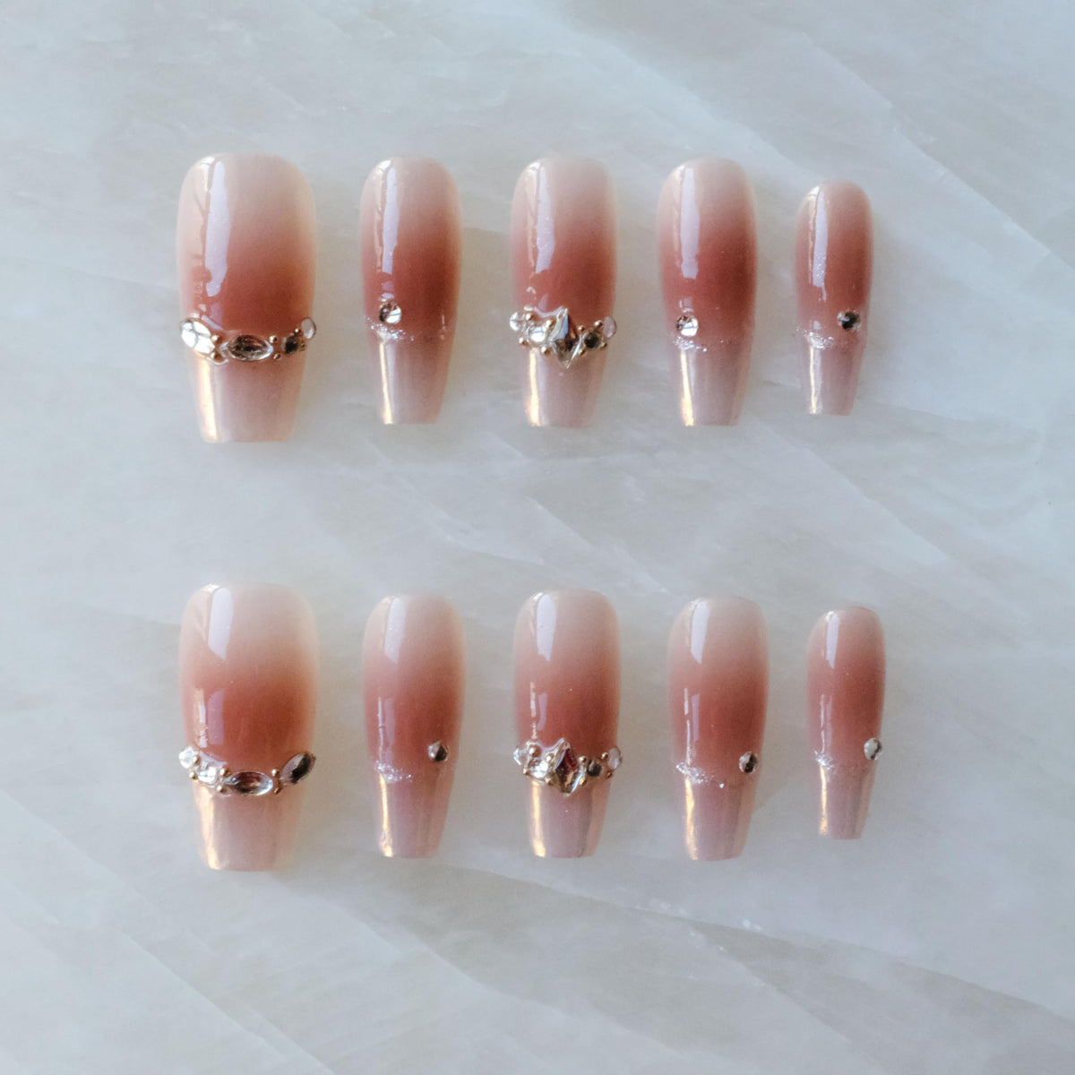 Luxury Handmade Press On Nails, Vintage Bohemian Style, Long Stiletto Shape, Crystal Heart Gems, Gold Stars Design, 10 Pieces (Large, LS)