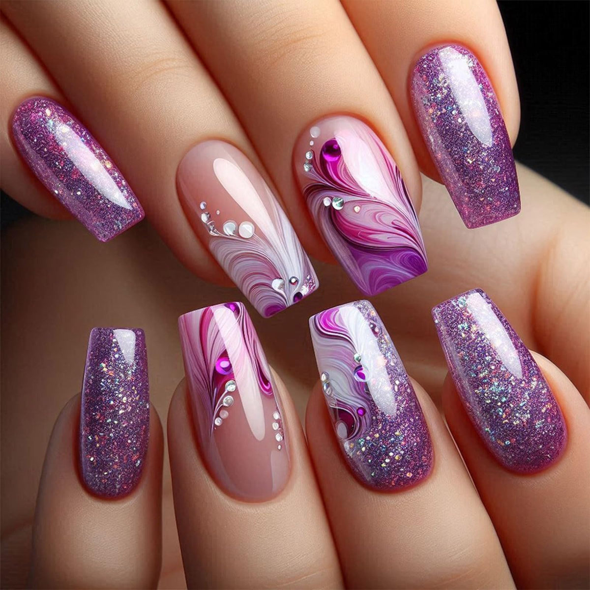 Press on Nails Silver Glitter Rhinestone Medium Square Fake Nails