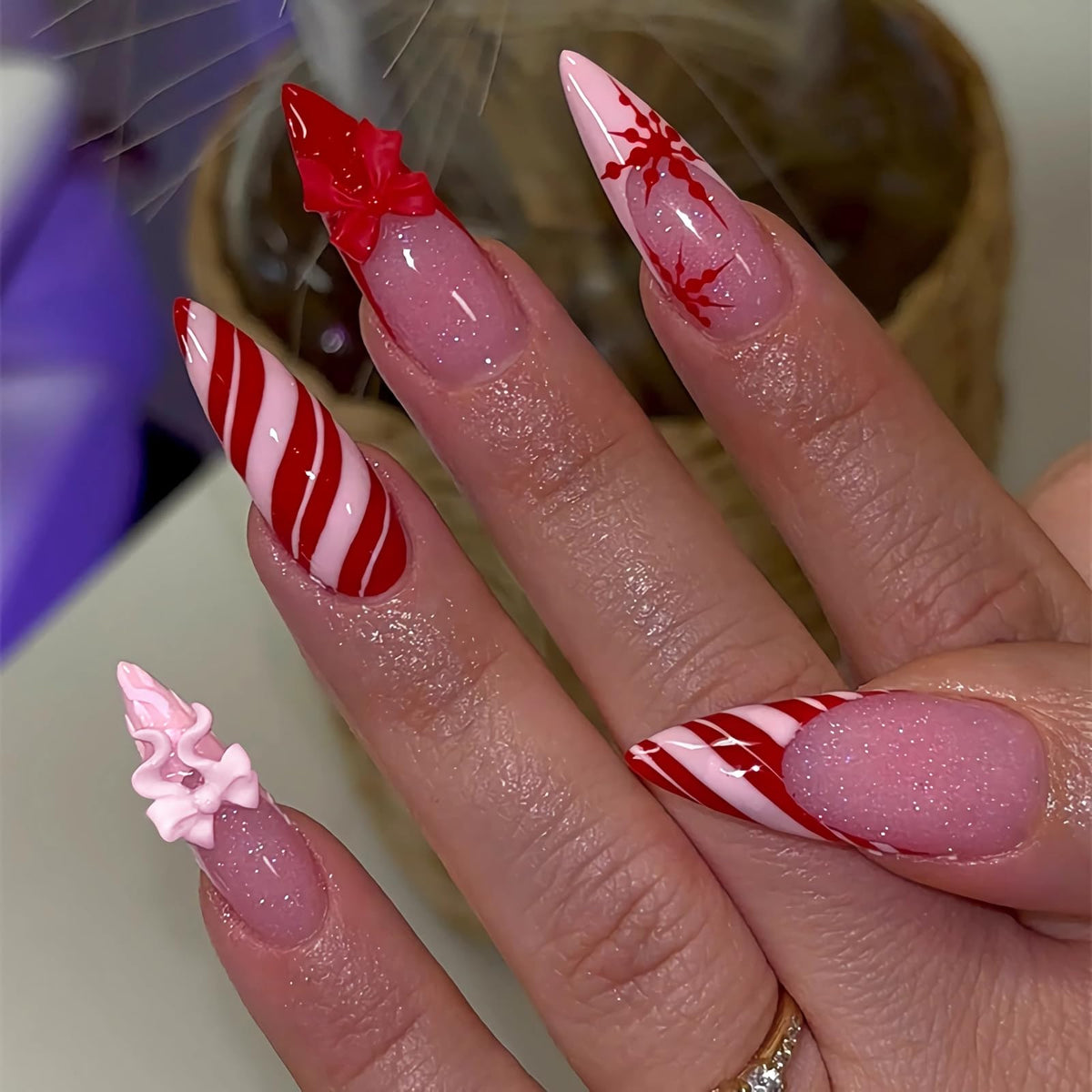 BABALAL Press On Nails, Extra Long Stiletto Fake Nails, Nude Pink, Crystal Rhinestone & Diamond Accents, Glossy Luxury Wedding Party Glue On Nails for Women and Girls 24Pcs