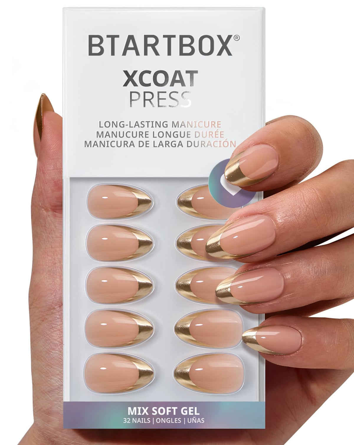 BTArtbox Press On Nails, Short Almond French Tip Nails, 32 Pcs Full Kit
