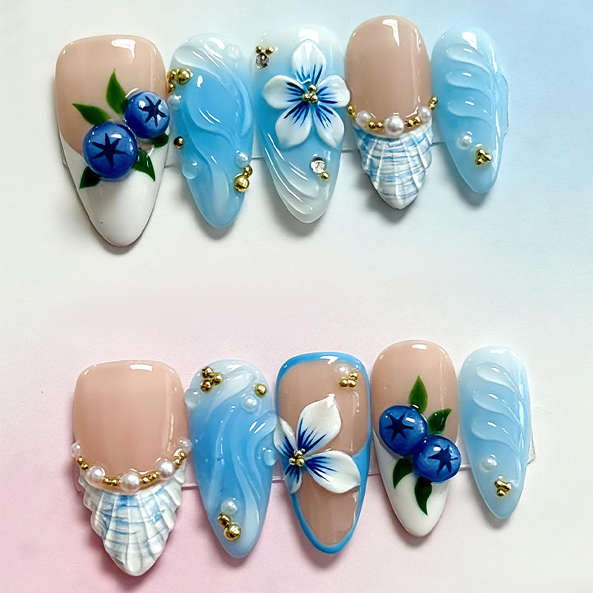 30Pcs Handmade Press on Nails Medium Almond Shape 3D Flower Fake Nails with Chrome Gold Foil Leaves Pearl Designs Nude White Shiny Acrylic Nails Reusable Full Cover Artificial False Nails for Women