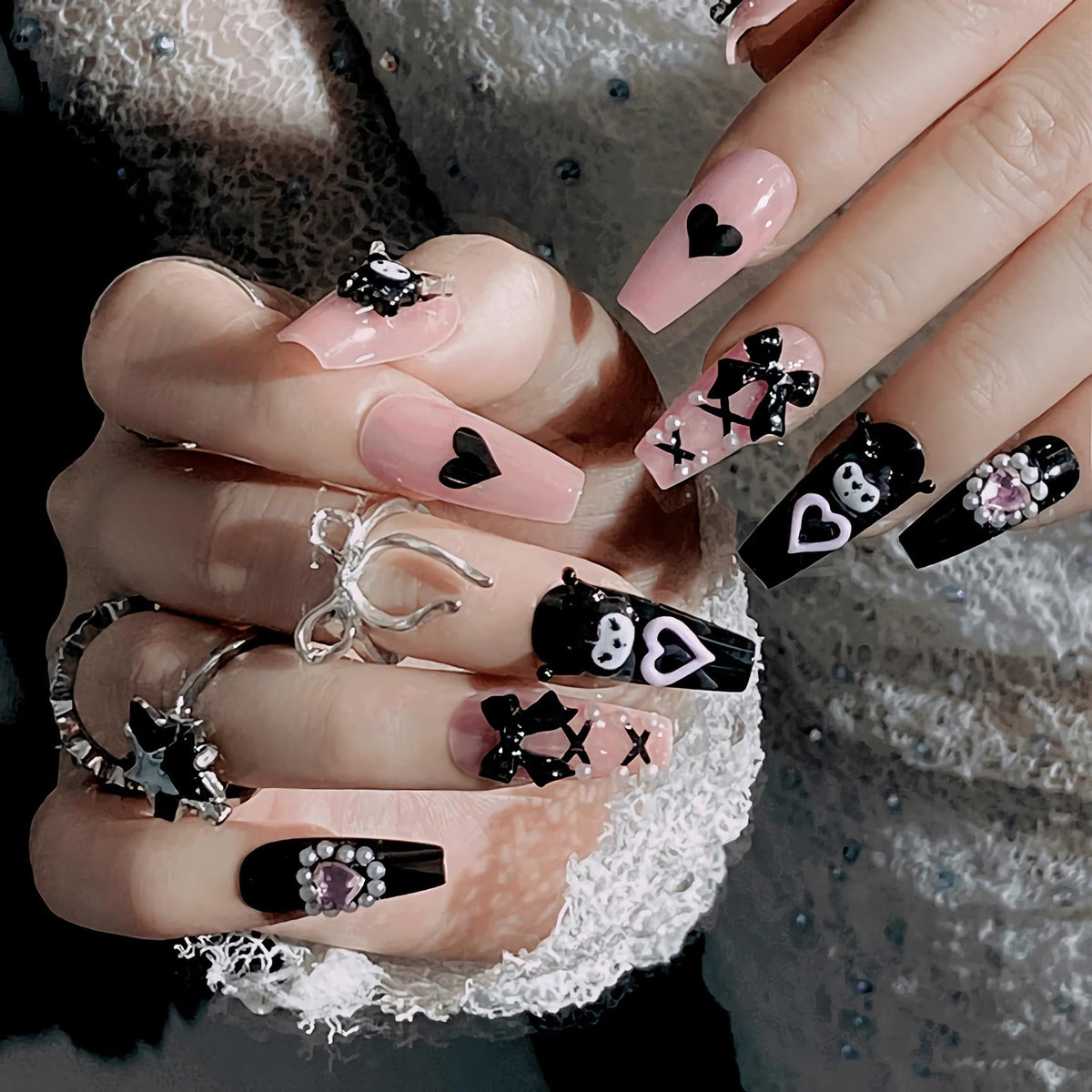 BABALAL Long Square Press on Nails - Blue Fake Nails, Luxury 3D Butterfly Gold Heart Charm Bling Design Full Cover Acrylic Nails Squoval Set 24Pcs