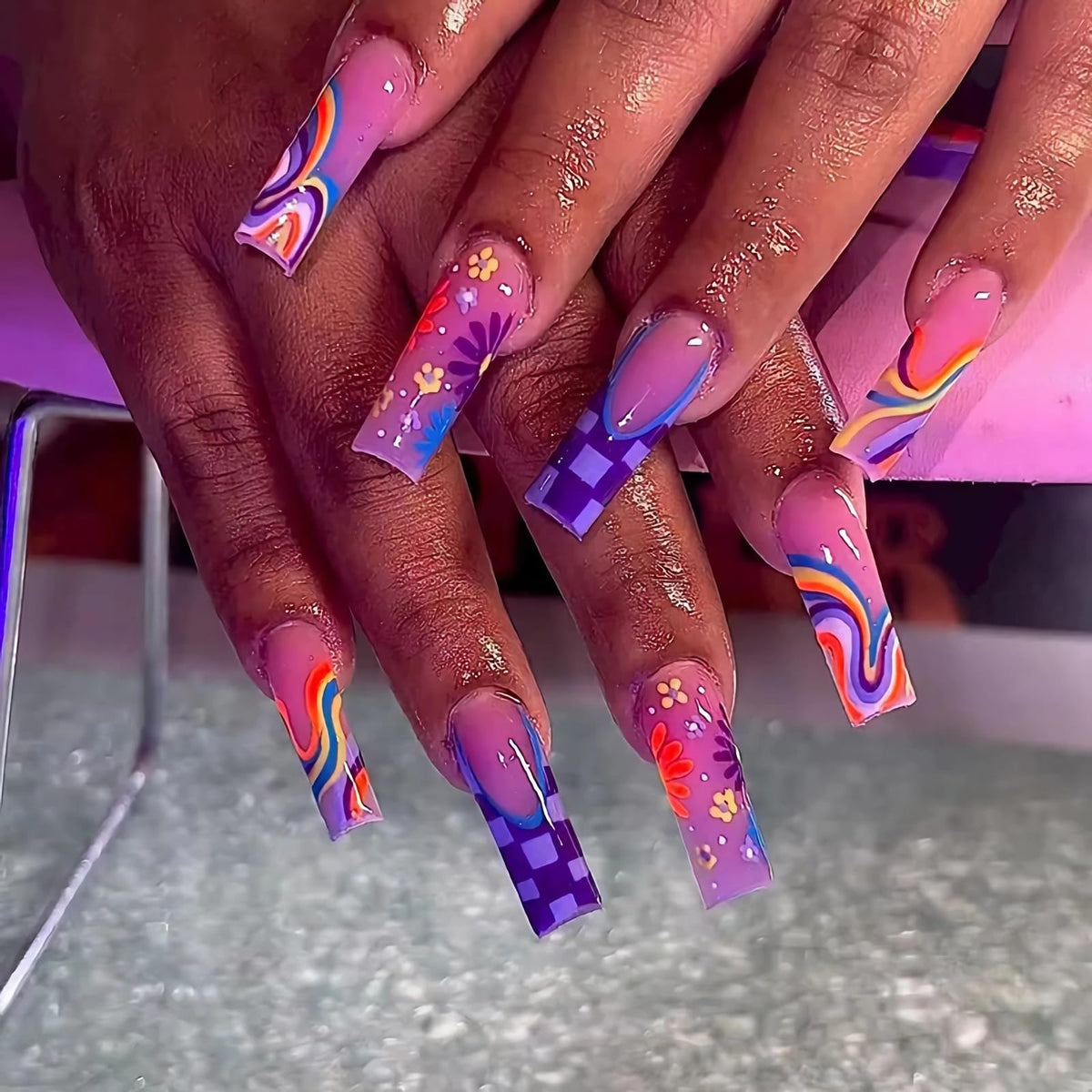 BABALAL Press on Nails, Extra Long Square Fake Nails, Gold Chrome French Tip, Luxury Rhinestone & Star Charm Design, Bling Shiny Reusable Glue on Nails 24Pcs
