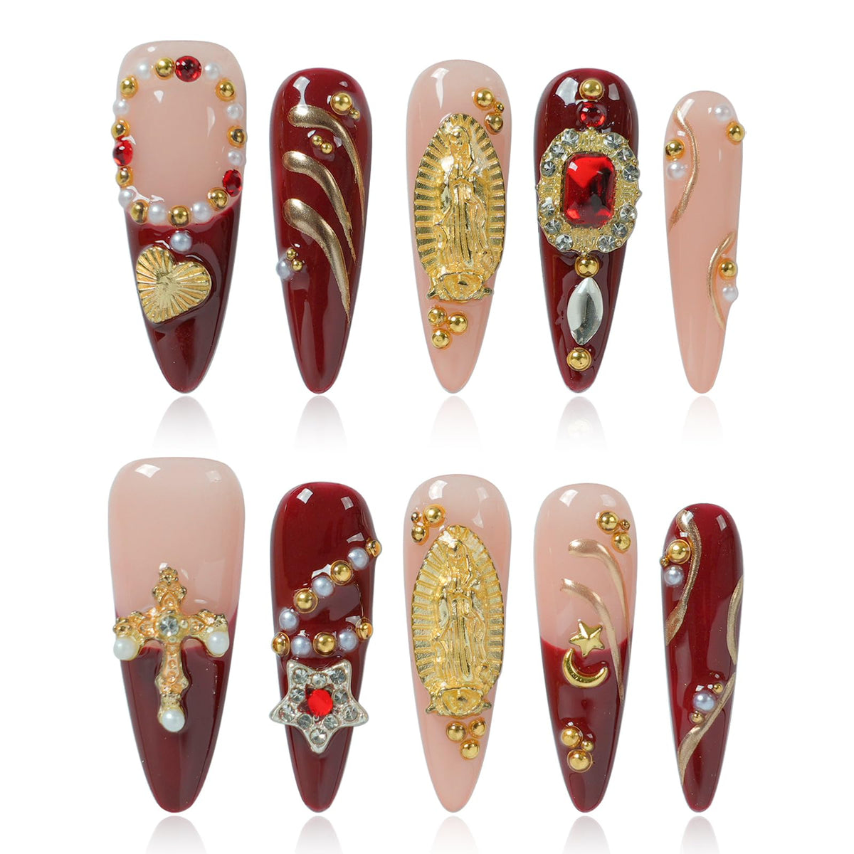 Gothic 3D Floral Press on Nails Medium Almond - Gold Cross & Rhinestone Design, Handmade Pearl Luxury Dark Romantic Reusable Nails (Orange Diamond Sweet Luxury,L)