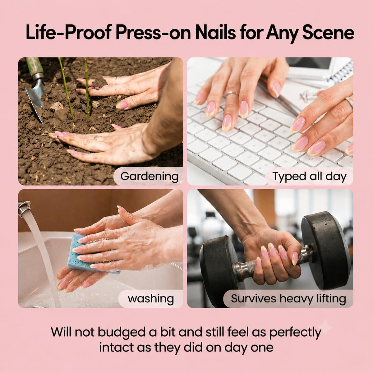 Minimal Luxury Gold Wave Press On Nails Medium Almond, PUNSOKO Nude Pink Fake Nails with 3D Gold Chrome French Tips, Long Lasting Reusable 24 PCS Acrylic Nails Kit for Women Daily Wear
