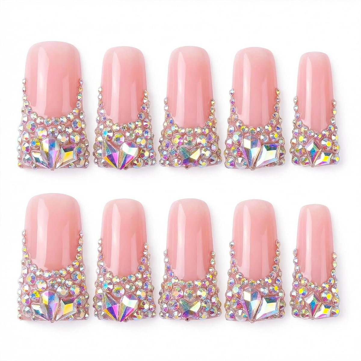 Handmade Long Duck Press on Nails - Luxury Crystal French Tip False Nails with Rhinestones, Diamond Jelly Pink Fake Nails, 10 Pack Gel Nails for Women (Size M)