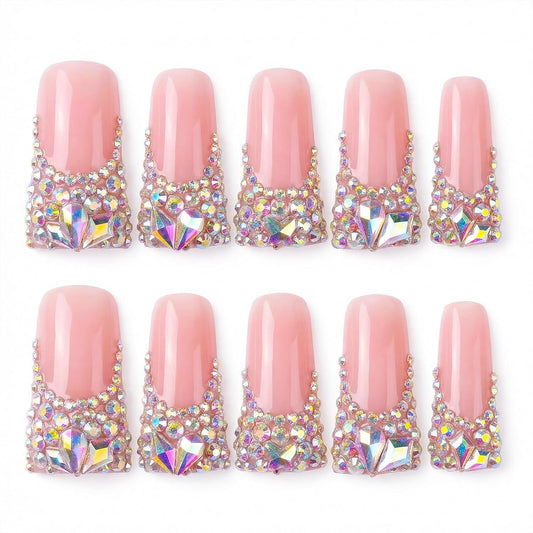 Handmade Long Duck Press on Nails - Luxury Crystal French Tip False Nails with Rhinestones, Diamond Jelly Pink Fake Nails, 10 Pack Gel Nails for Women (Size M)