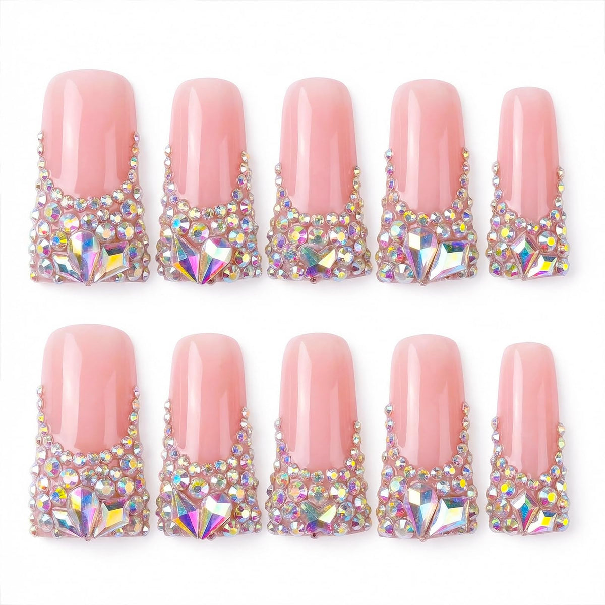 Handmade Long Duck Press on Nails - Luxury Crystal French Tip False Nails with Rhinestones, Diamond Jelly Pink Fake Nails, 10 Pack Gel Nails for Women (Size M)