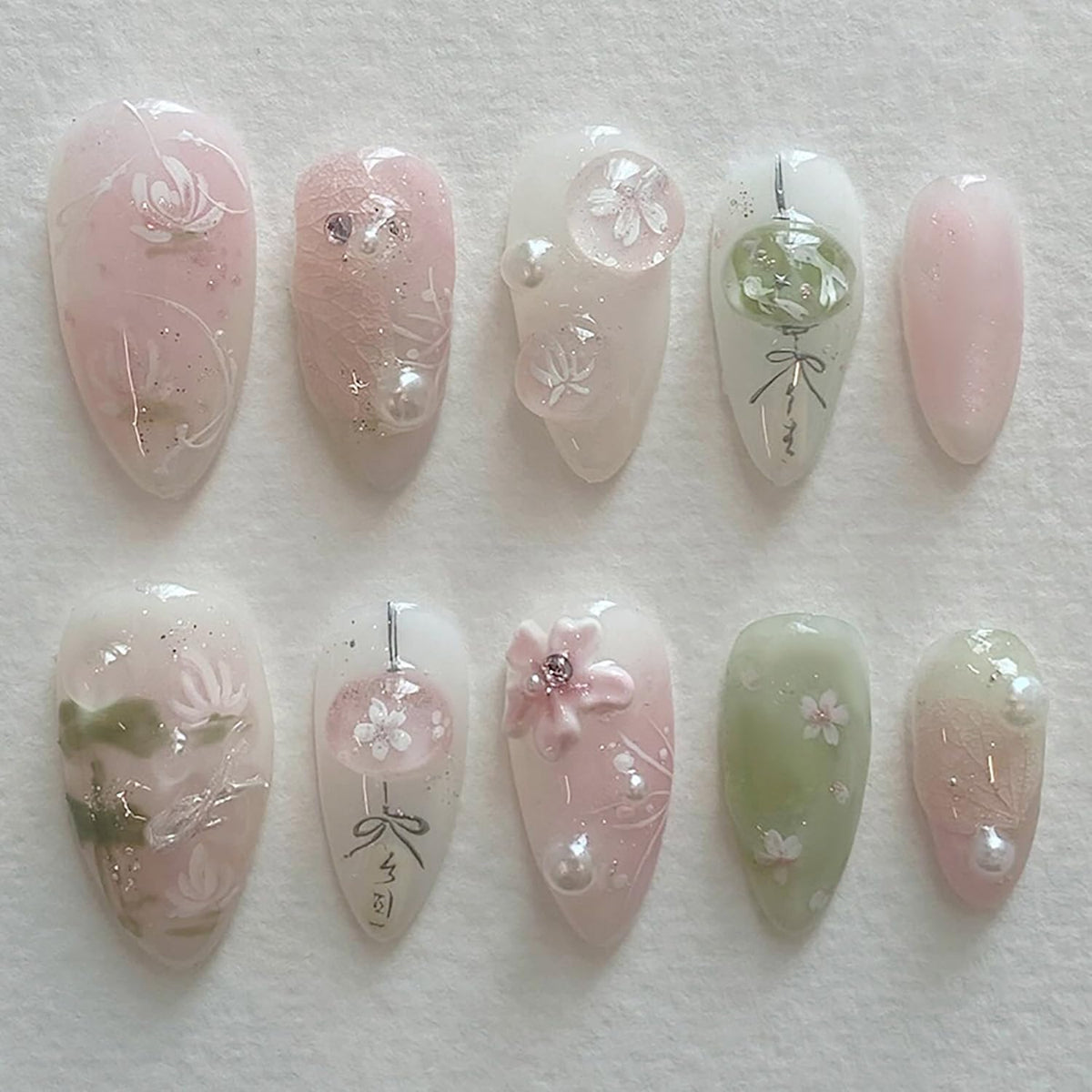 24Pcs White French Tip Press on Nails Medium Almond Fake Nails with Silver Rhinestones with Nude Pink Full Cover Glue on Nails French Designs 3D Flower False Nails Cute Spring Stick on Nails for Women