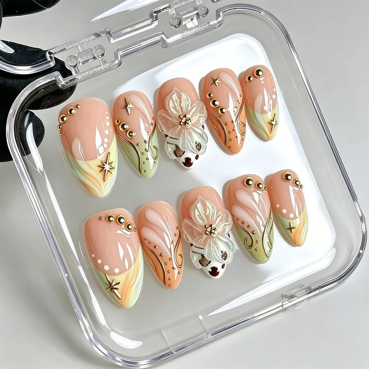 Handmade Press on Nails Gold Beads Almond Fake Nails 10Pcs(Size M)