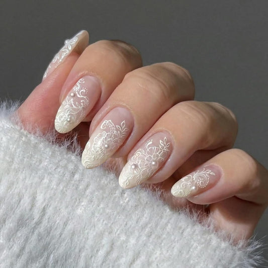 BABALAL Bridal Lace Press On Nails, Medium Almond Fake Nails with 3D White Floral & Pearl, Nude Ombre Acrylic Stick On Nails for Women 24Pcs