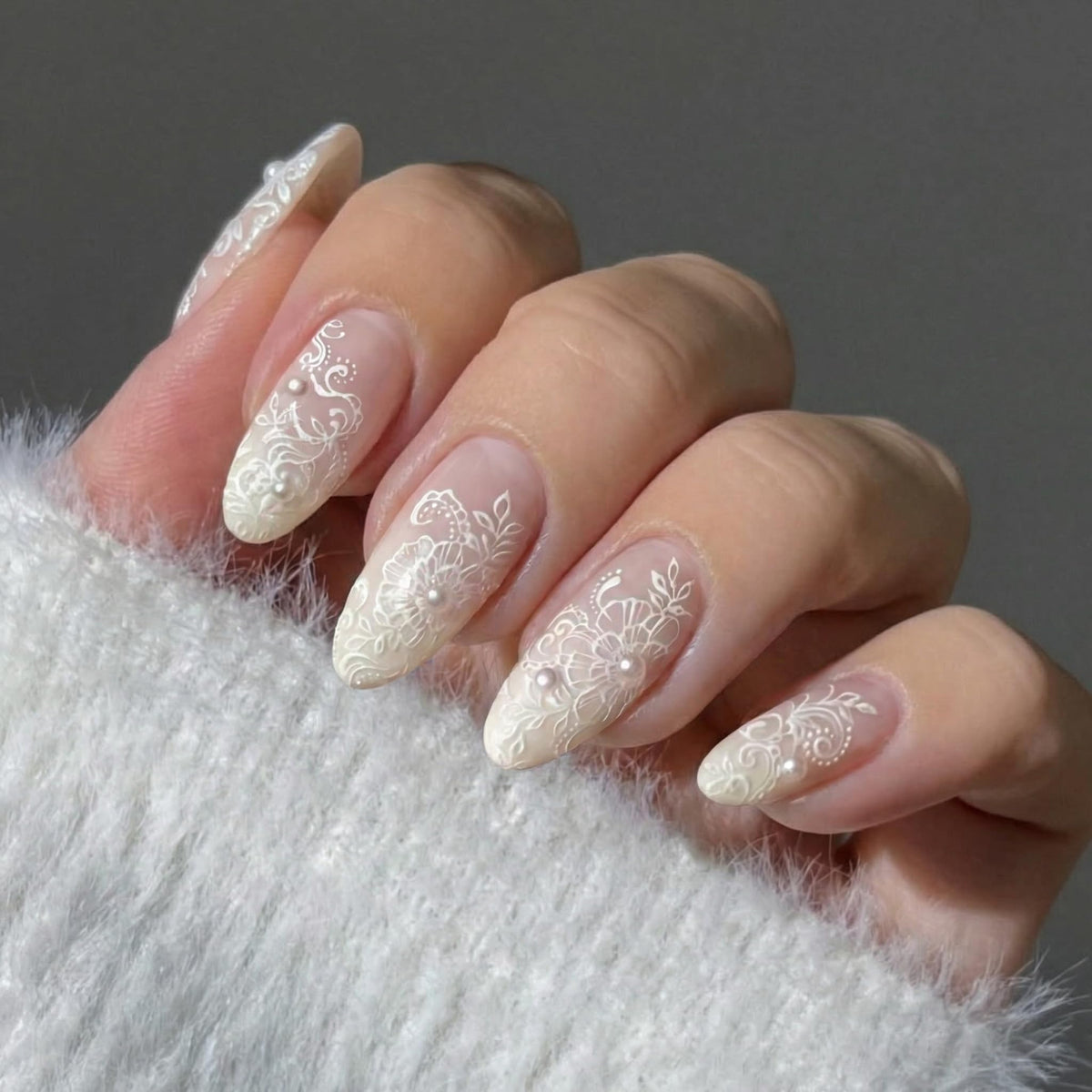 BABALAL Bridal Lace Press On Nails, Medium Almond Fake Nails with 3D White Floral & Pearl, Nude Ombre Acrylic Stick On Nails for Women 24Pcs