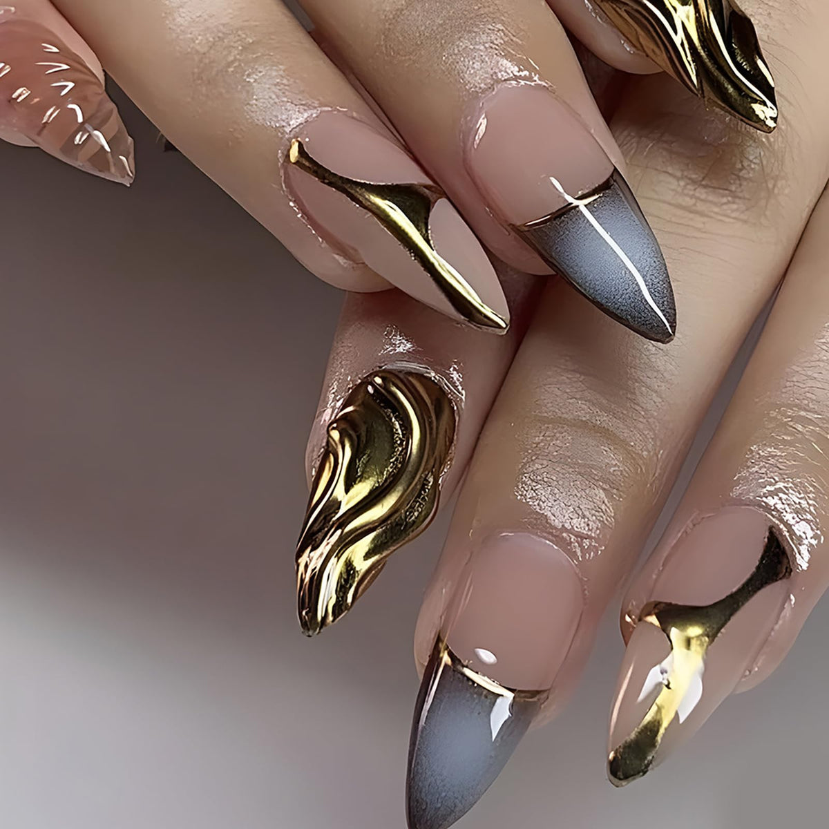 Summer Press on Nails Almond Pink Floral Shell Pearl Gold Dot Fake Women