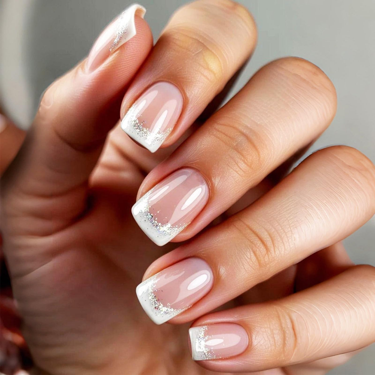 Press on Nails with Shimmer Design Glossy White French Tips Short Square False Nails Silver Glitter Fake Nail Nude Minimalist Stick on Fingernails Pink Glue on Nail for Women Bridal Daily Wear