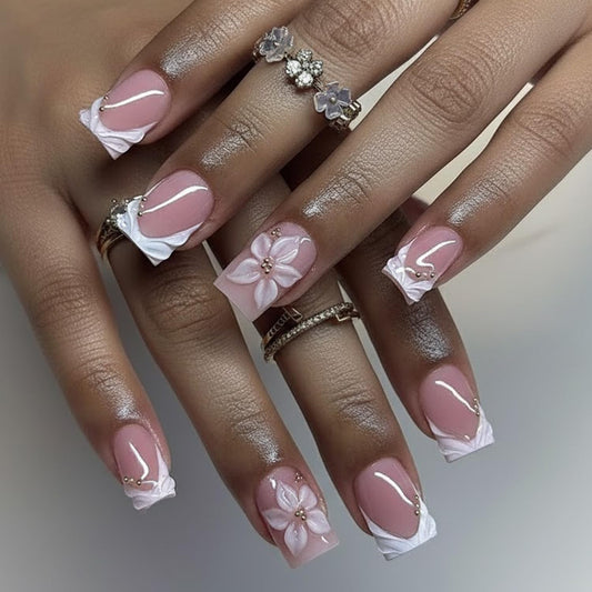 Short Square Press on Nails Flower White French Tip Fake Nails with 3D Floral Gold Bead Designs Glossy Reusable Full Cover Stick on False Nail Set for Women 24 Pcs
