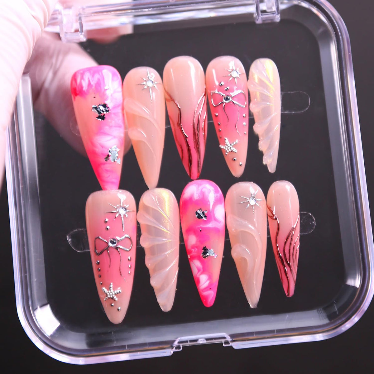 Press on Nails, Handmade Medium Almond Fake Nails, 3D Art False Fingernails with Design Full Cover Fake Nail, Glossy Acrylic Stick on Nails Artificial Nails for Women Manicure 10 Pcs (L)