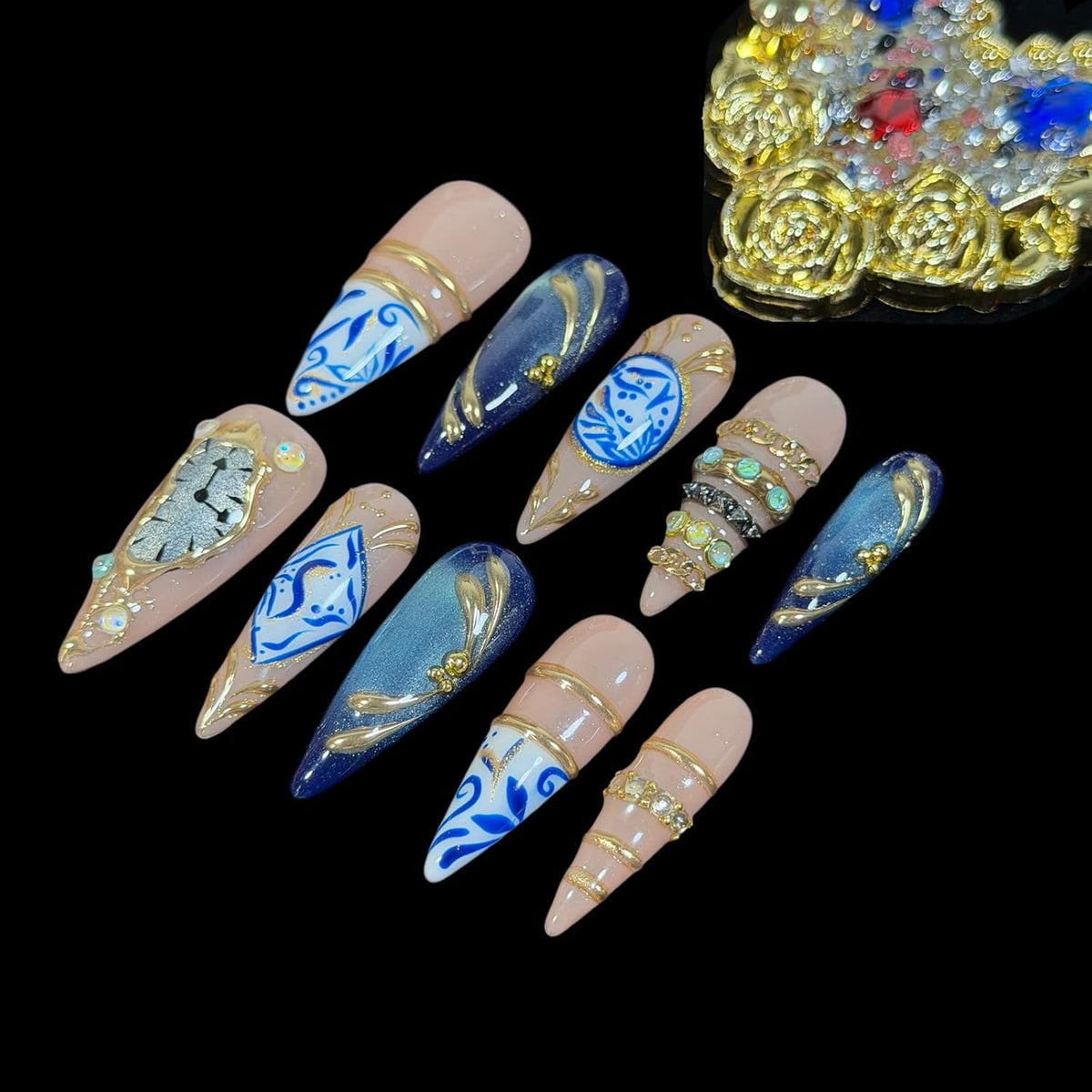 Handmade Press On Nails Ring Jewelry Inspired Navy Blue (L)