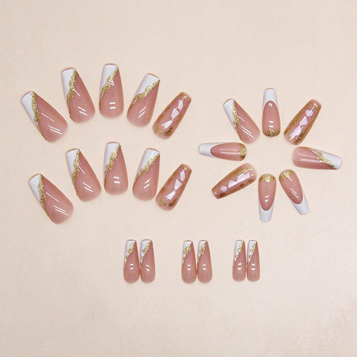Medium Square Press On Gold Foil False Nails - French Tip, White Tip, Glitter Acrylic - 24 Pcs