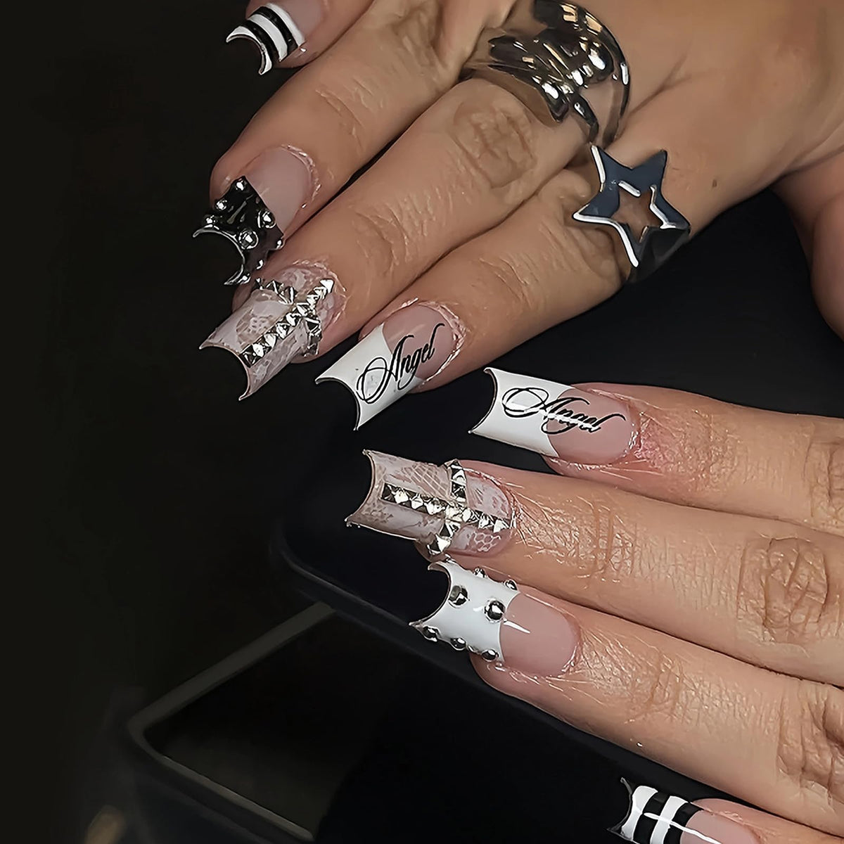 MISUD Press on Nails - Long Square Glue on Nails with White Bridal, Acrylic Wedding Bride Design 24 pcs