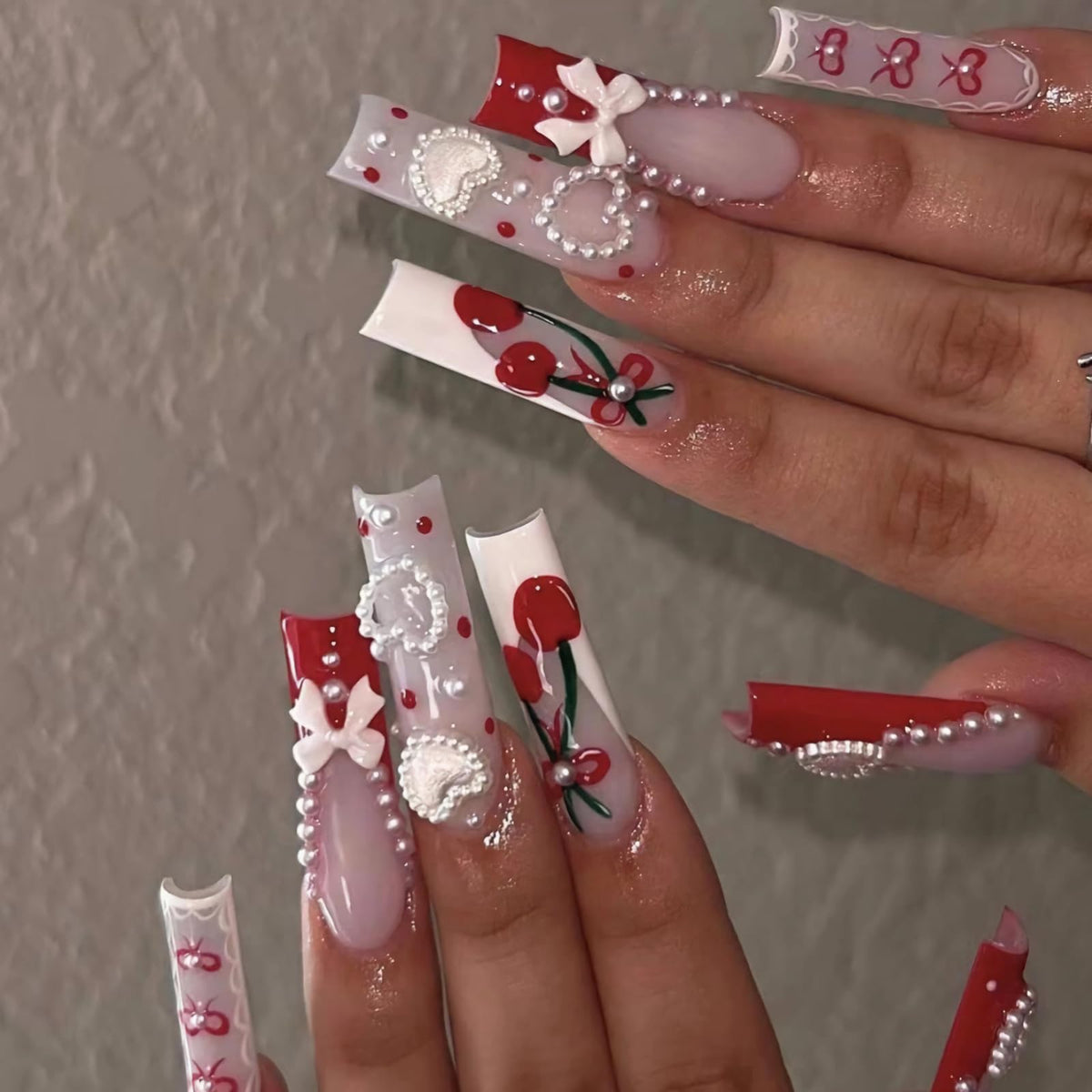 MISUD Press on Nails - Extra Long Square Glue on Nails with French Tip, Acrylic Dollar Money Rhinestone Design 24 pcs