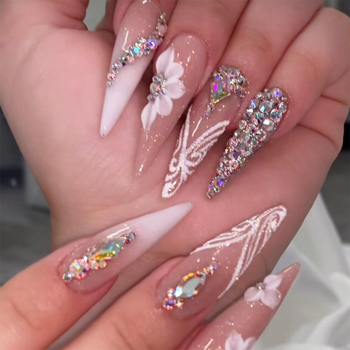 IMRAIN Long Press on Nails Stiletto Pink Fake Nails Rhinestone & Flower Designs Glossy Glue on Acrylic Nails Full Cover Luxury Bling Handmade Stick on False Nails for Women 24Pcs