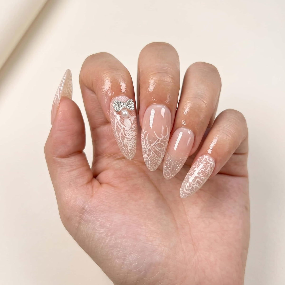 Lace Print Short Almond Press On Nails with 3D Rhinestones 24Pcs