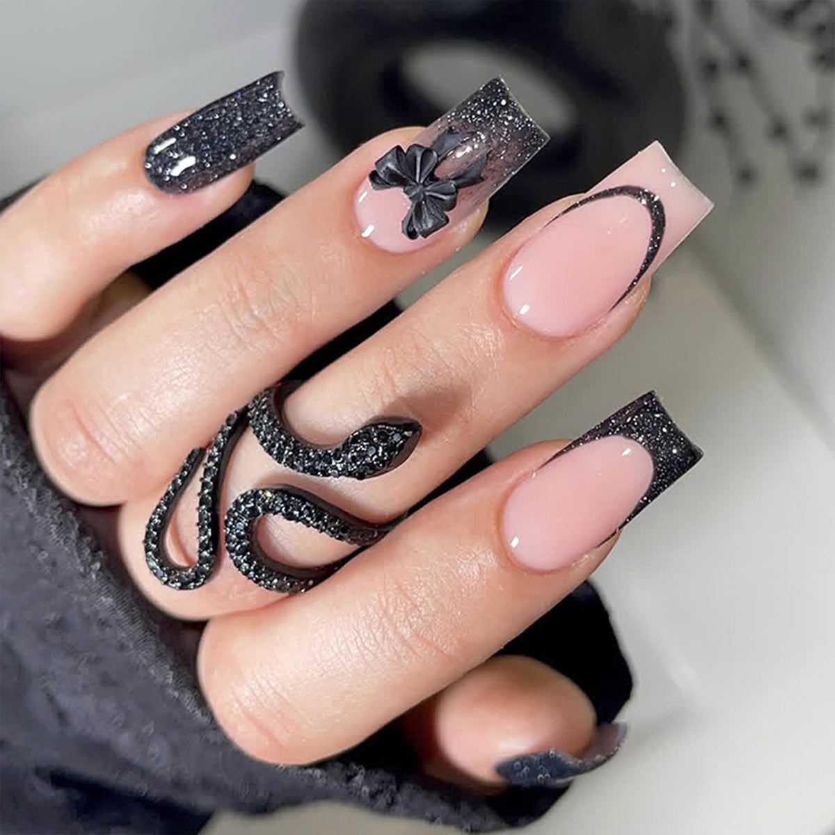 Long Square Press on Nails Bling Gold Chain & Crystal Nails,Fake Nails Artificial Stick on Nails for Women, Nude Pink Glam Prom Wedding Nails with Diamonds