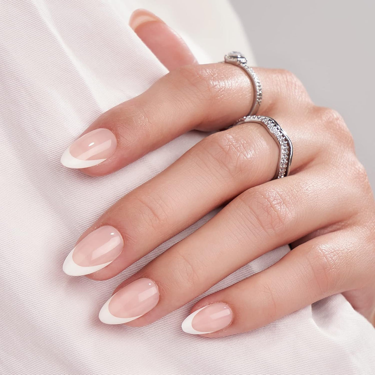 BTArtbox Press On Nails, Short Almond French Tip Nails, 32 Pcs Full Kit