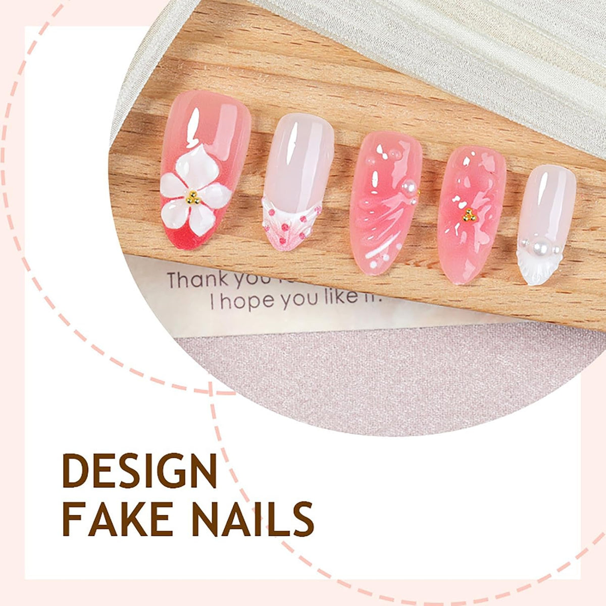 Summer Press on Nails Almond Pink Floral Shell Pearl Gold Dot Fake Women