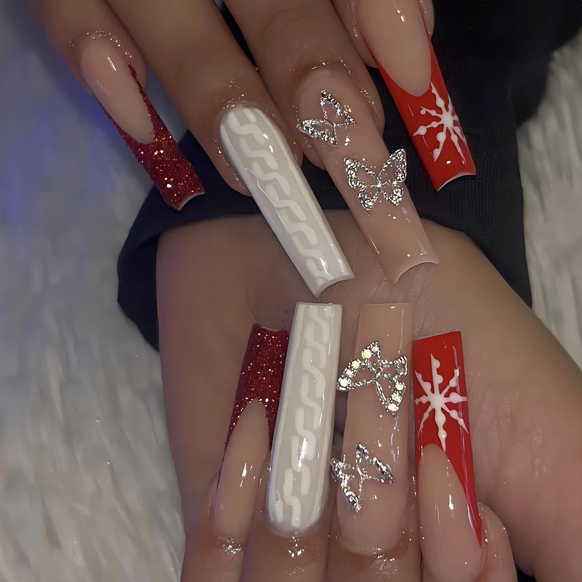BABALAL Long Square Press on Nails - Blue Fake Nails, Luxury 3D Butterfly Gold Heart Charm Bling Design Full Cover Acrylic Nails Squoval Set 24Pcs