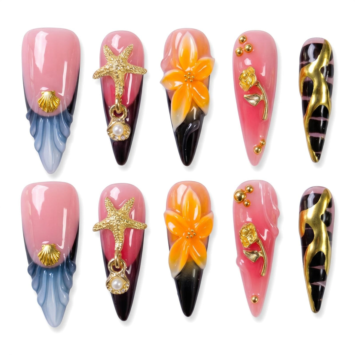 Handmade Press on Nails Long Stiletto - Liquid Gold Abstract Acrylic Fake Nails with Blue Shimmer & Colorful Gems, Luxury Reusable False Nails 10 pcs (Size M)