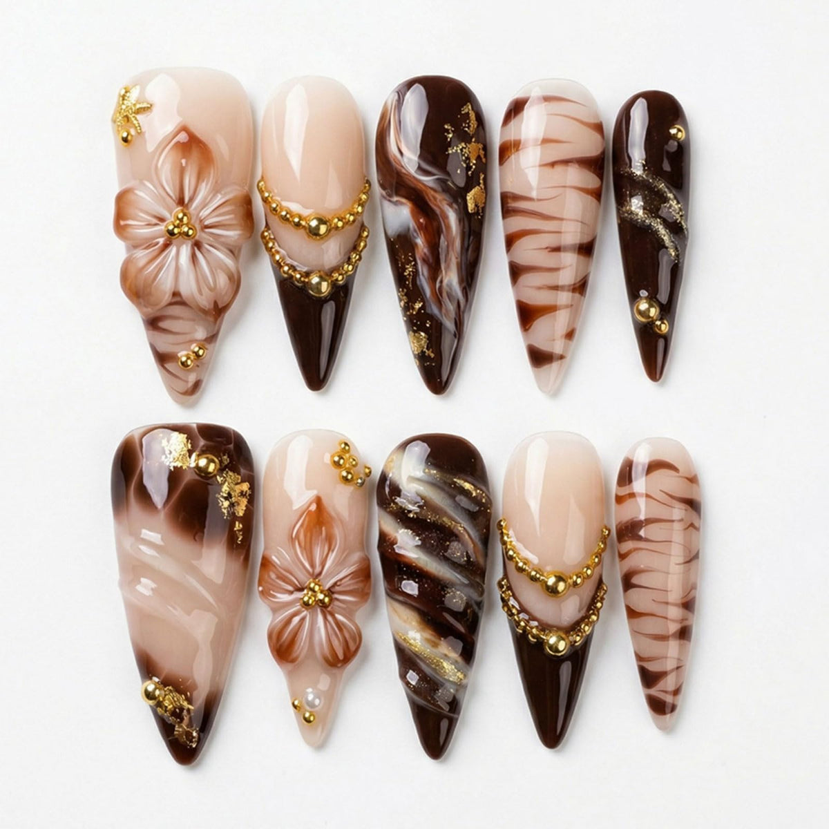 Handmade Press on Nails Long Stiletto - Liquid Gold Abstract Acrylic Fake Nails with Blue Shimmer & Colorful Gems, Luxury Reusable False Nails 10 pcs (Size M)