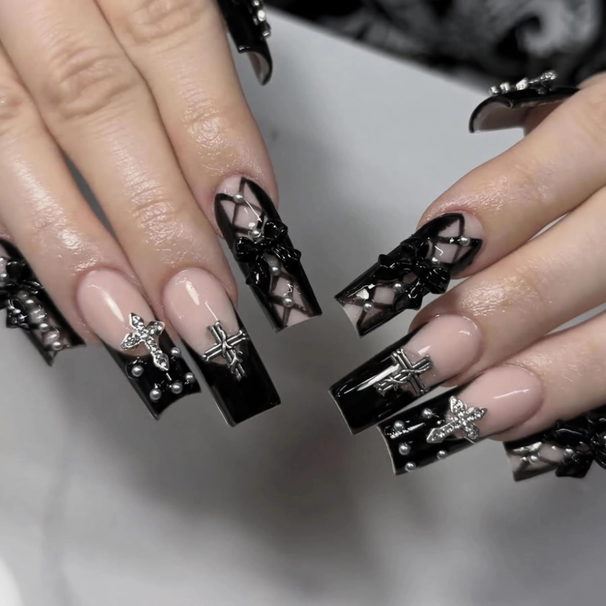 BABALAL Press on Nails, Extra Long Square Fake Nails, Gold Chrome French Tip, Luxury Rhinestone & Star Charm Design, Bling Shiny Reusable Glue on Nails 24Pcs
