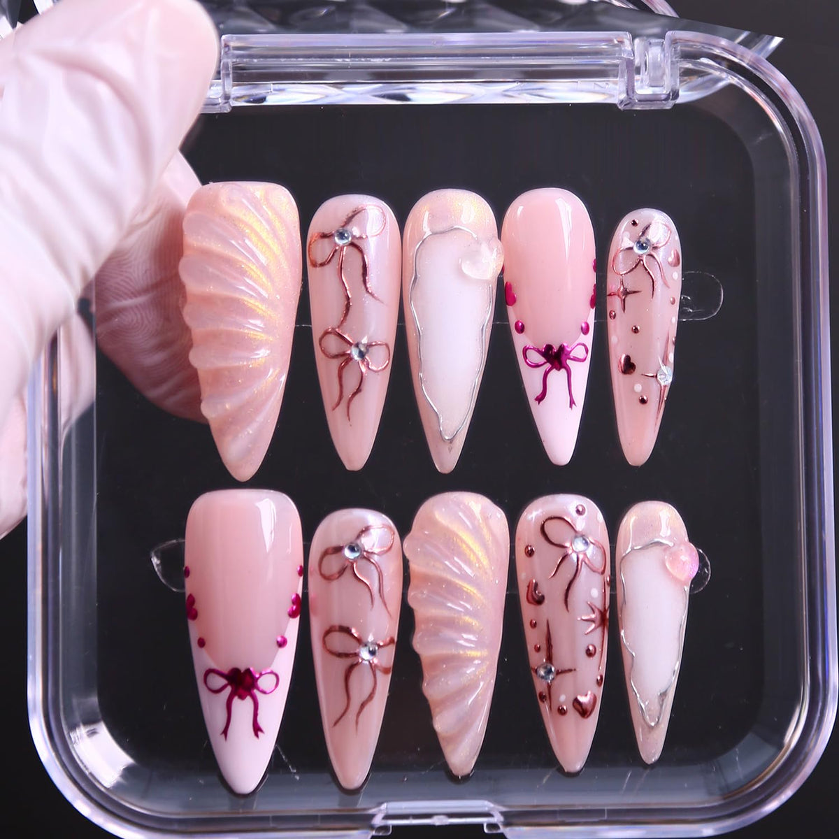 Press on Nails, Handmade Medium Almond Fake Nails, 3D Art False Fingernails with Design Full Cover Fake Nail, Glossy Acrylic Stick on Nails Artificial Nails for Women Manicure 10 Pcs (L)