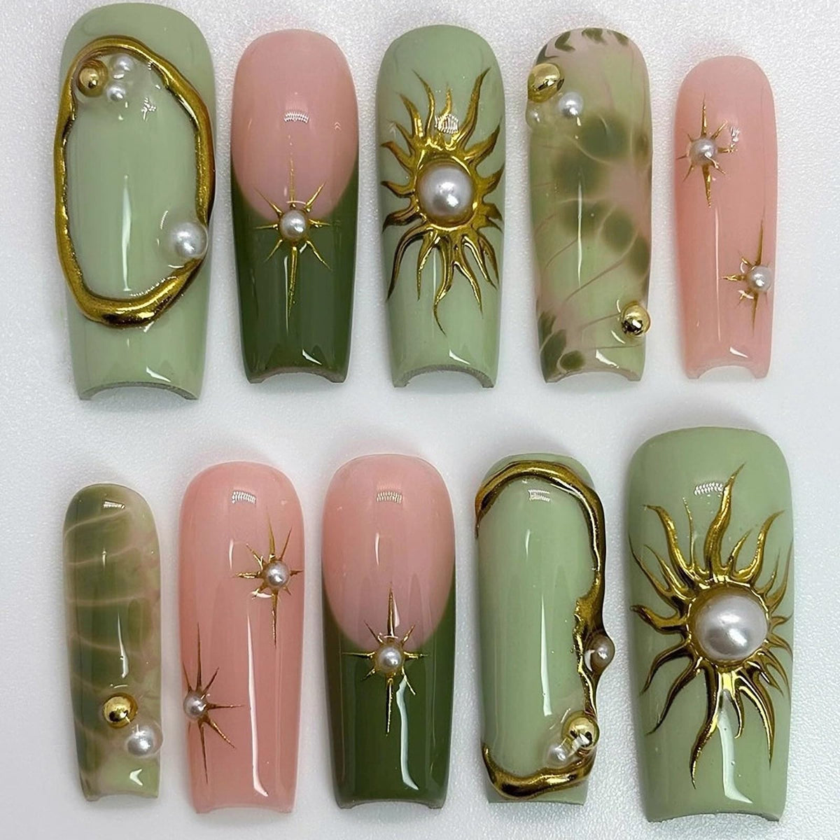 MISUD Press on Nails - Extra Long Square Glue on Nails with French Tip, Acrylic Dollar Money Rhinestone Design 24 pcs