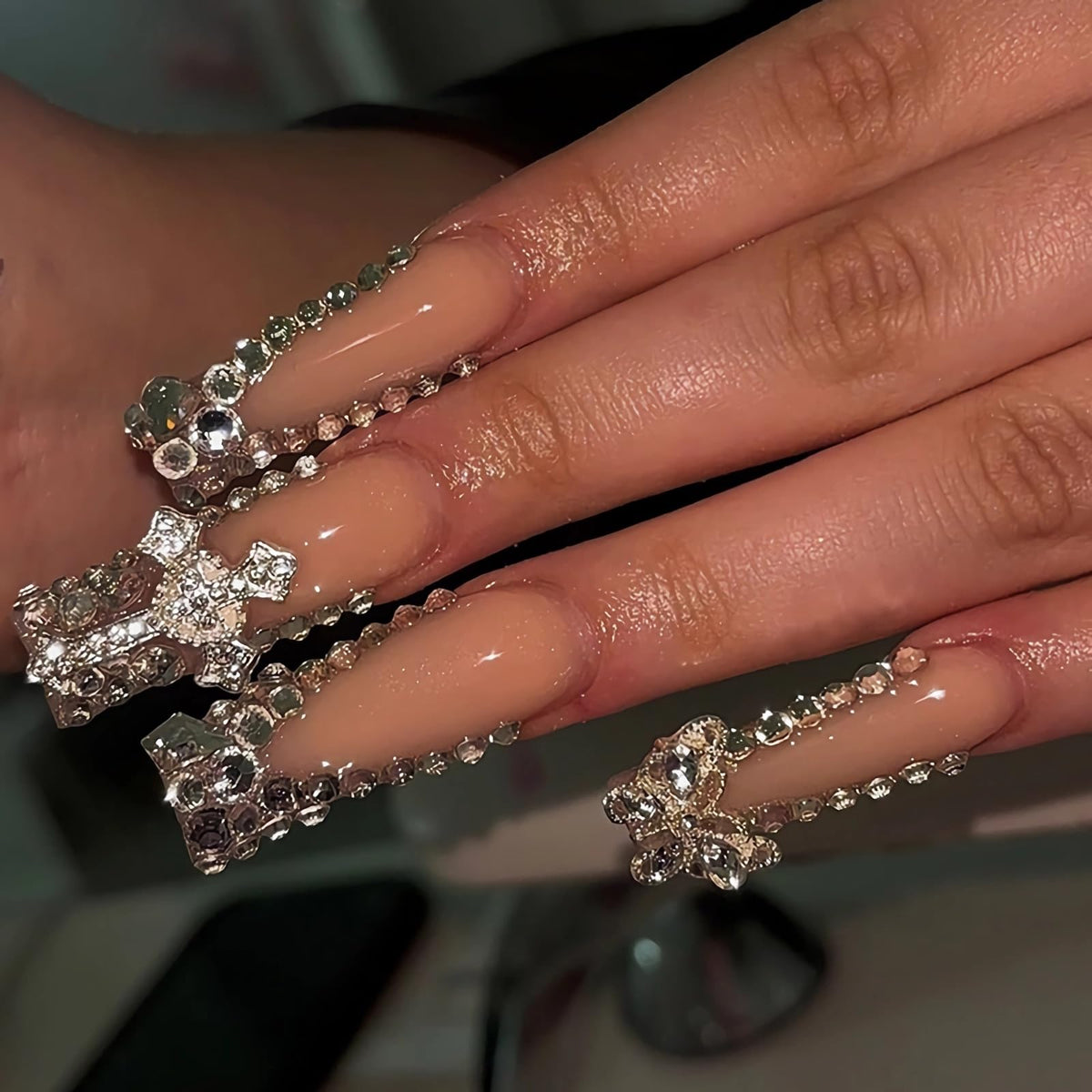 BABALAL Press on False Nails Long Square Fake Nails Black and Gold Chrome Gothic Glue on Cross Charm Luxury 3d Design French Tip Acrylic 24Pcs Y2k Handmade Custom Full Cover Gel Nails