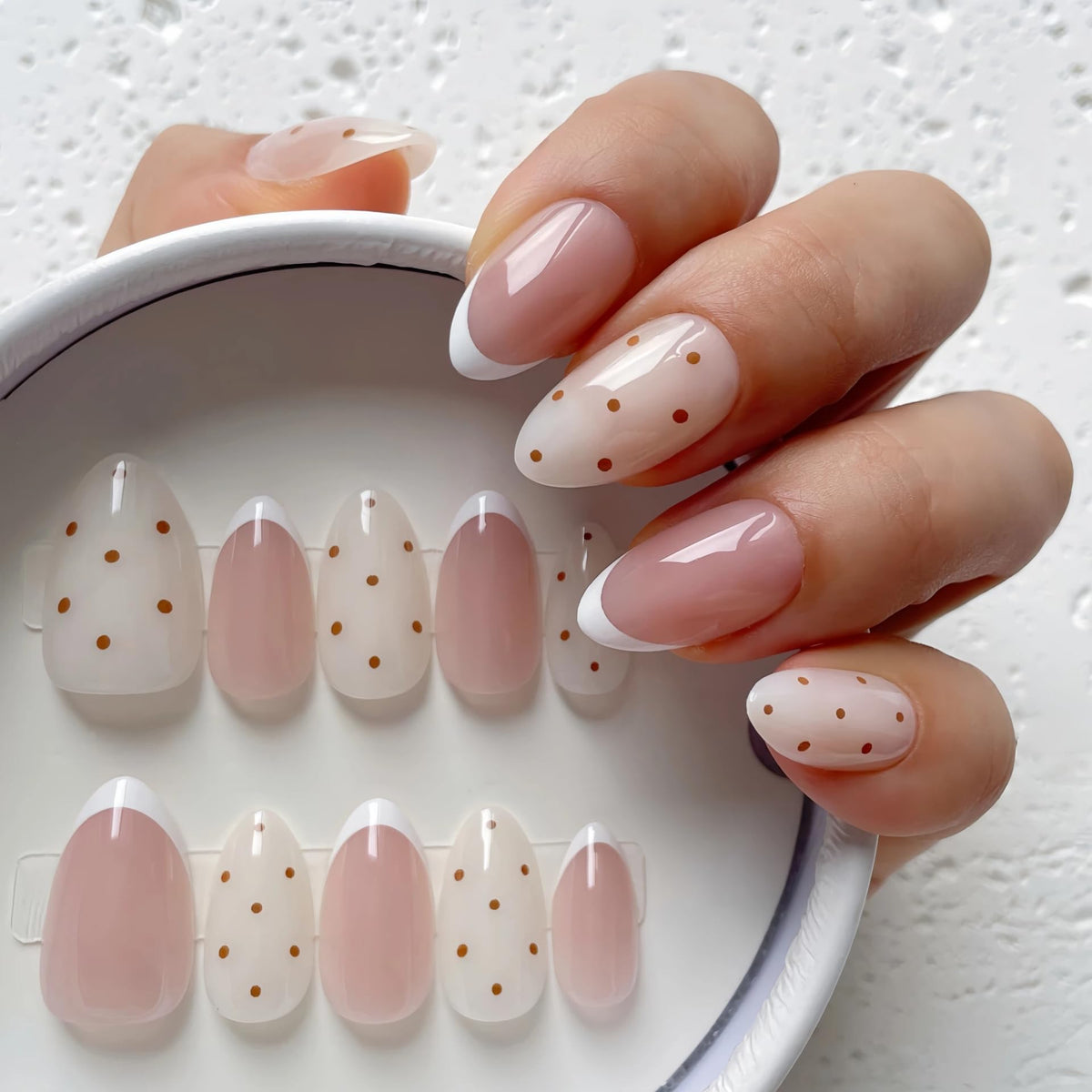 Nude Pearl Gold French Press on Nails Medium Almond Fake Nails Kit 24PCS