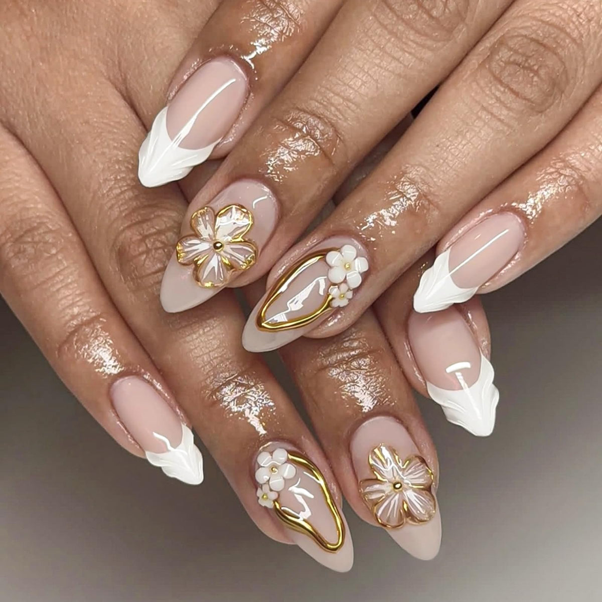 HOSAILY Luxury Press on Nails Medium Almond Rhinestones French Designs Fake Nails, 24PCS Glossy Sparkle Colorful Gems Stick on Nails for Women Party Daily Wear