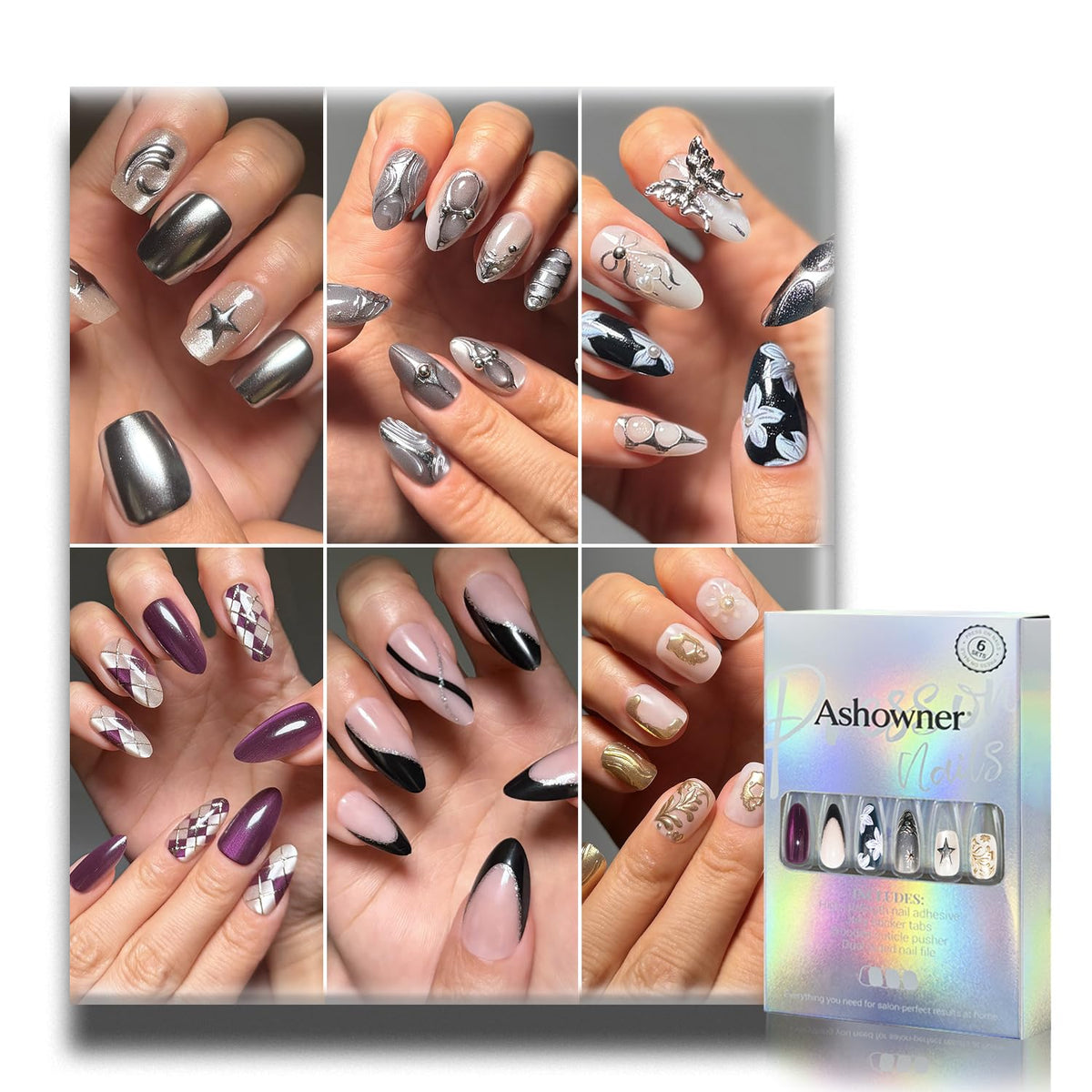 Press on Nails, 6 Packs (144 Pcs) Medium Almond Sets, Wedding French