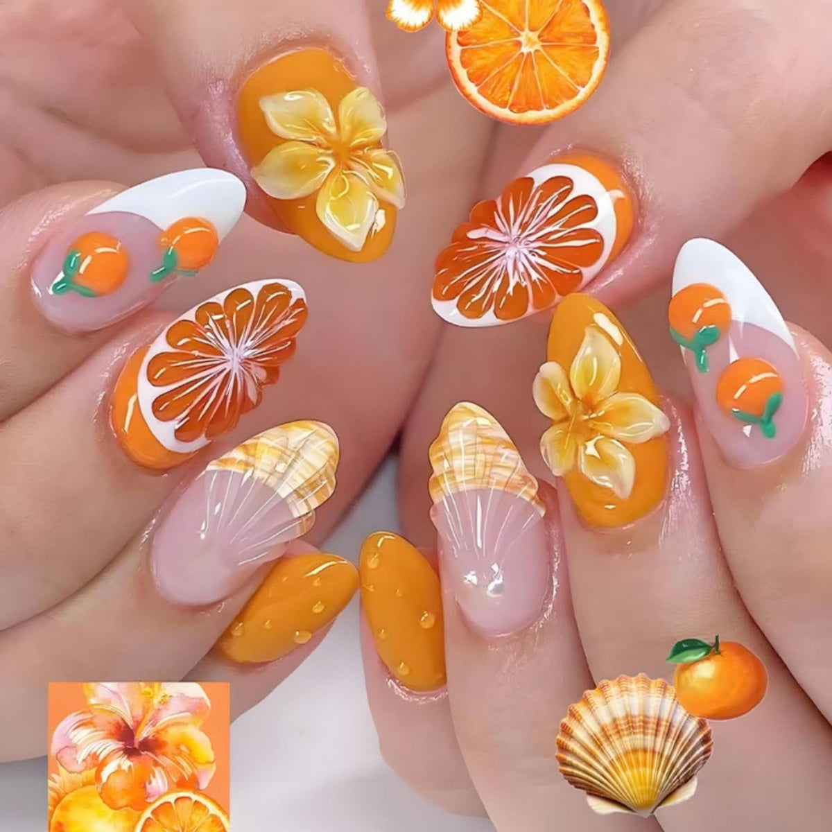 3D Handmade Pink Flower Press on Nails Blue French Tip Almond Fake Nails with Gold Metal Charms Luxury Reusable Full Cover Pink Acrylic Nails Press on for Women 24Pcs