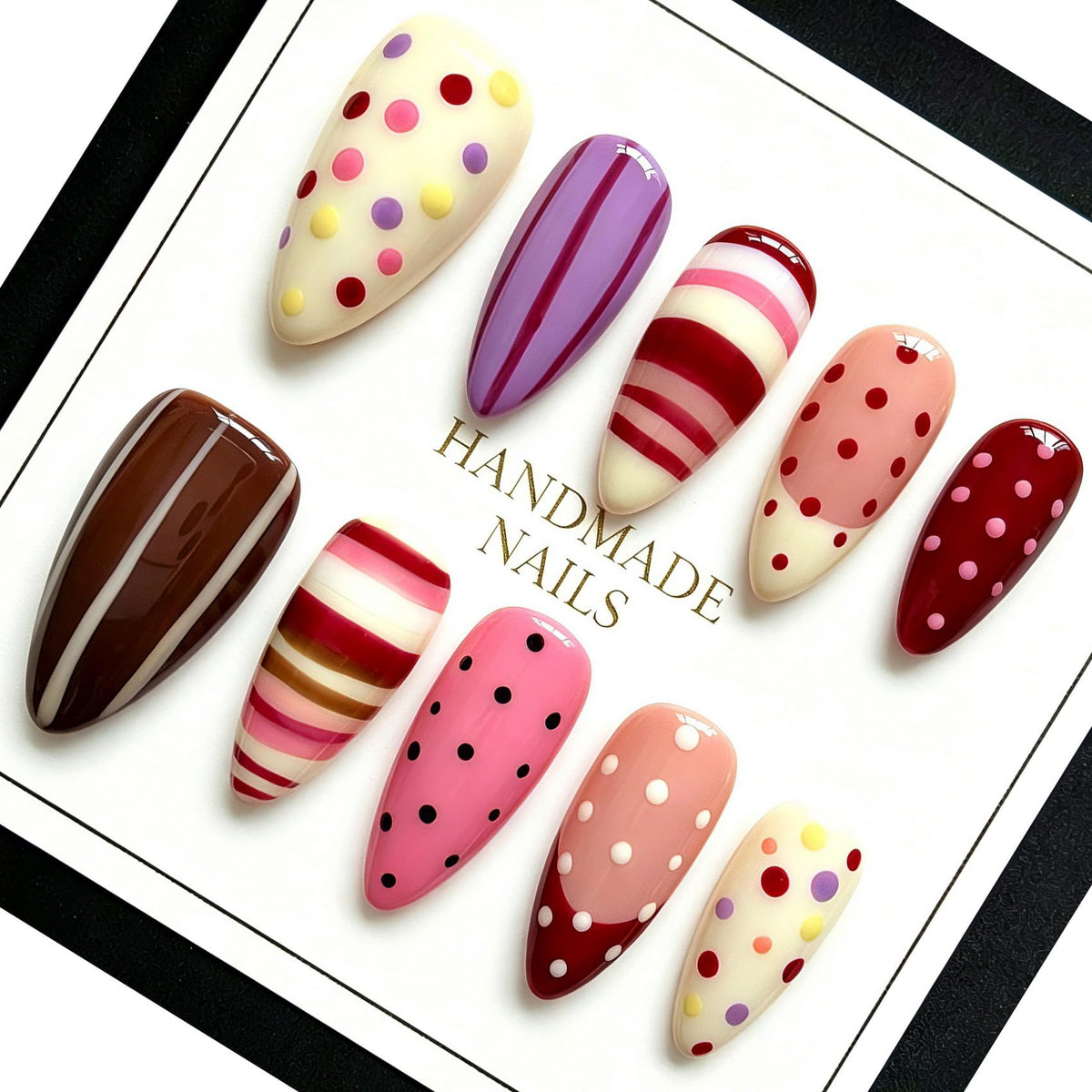 Handmade Almond Press on Nails, Abstract 3D Floral Gold, 10Pcs